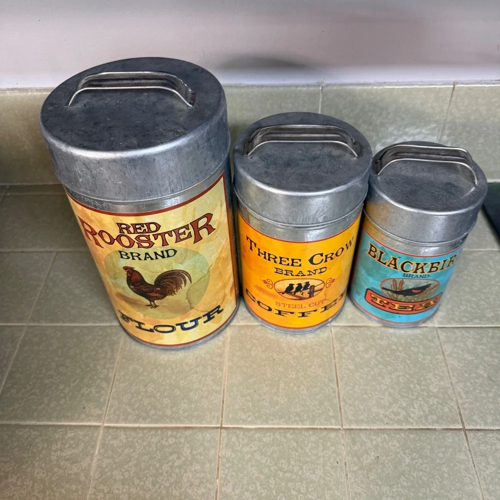 Set of 3 Galvanized Metal Kitchen Canisters Red Rooster Three Crow Blackbird